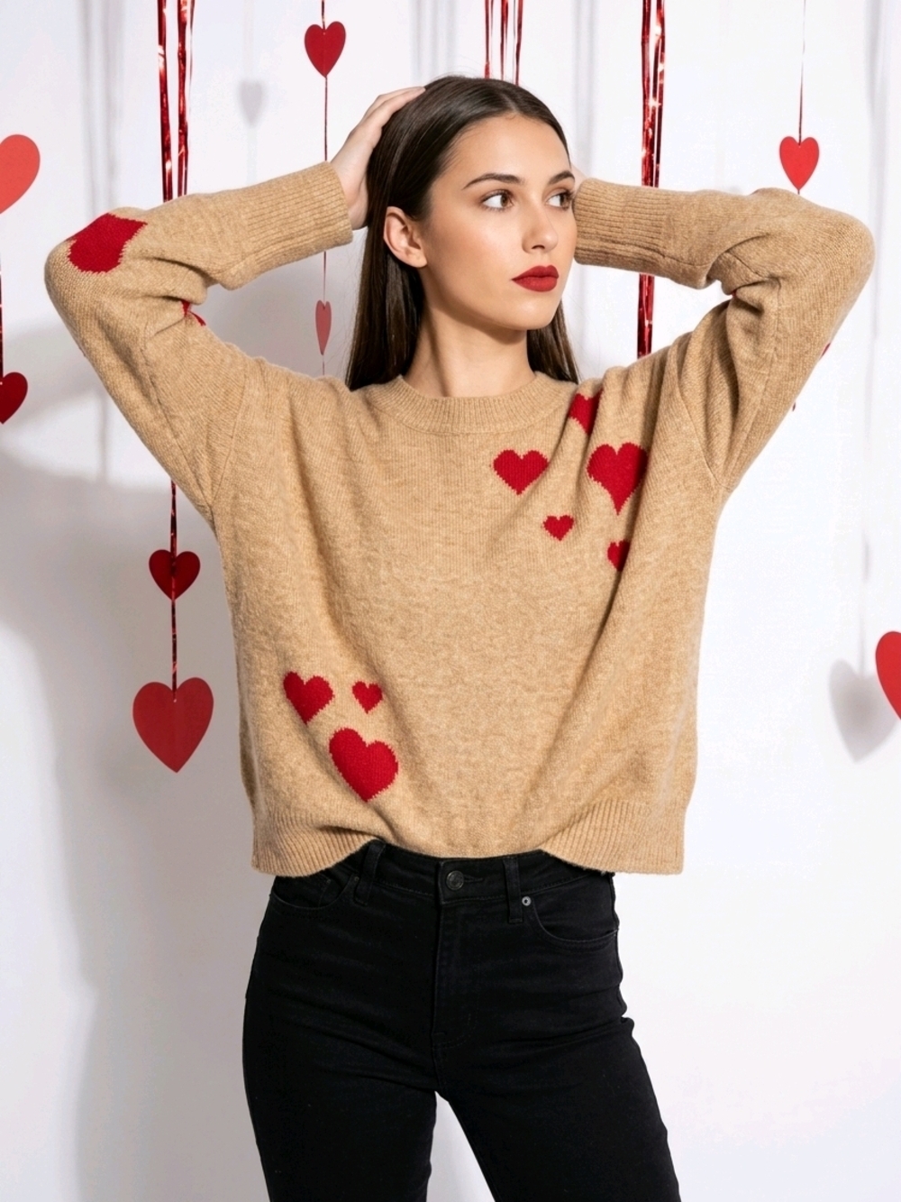 Vince Camuto Tan Crewneck Sweater with Red Heart Motif